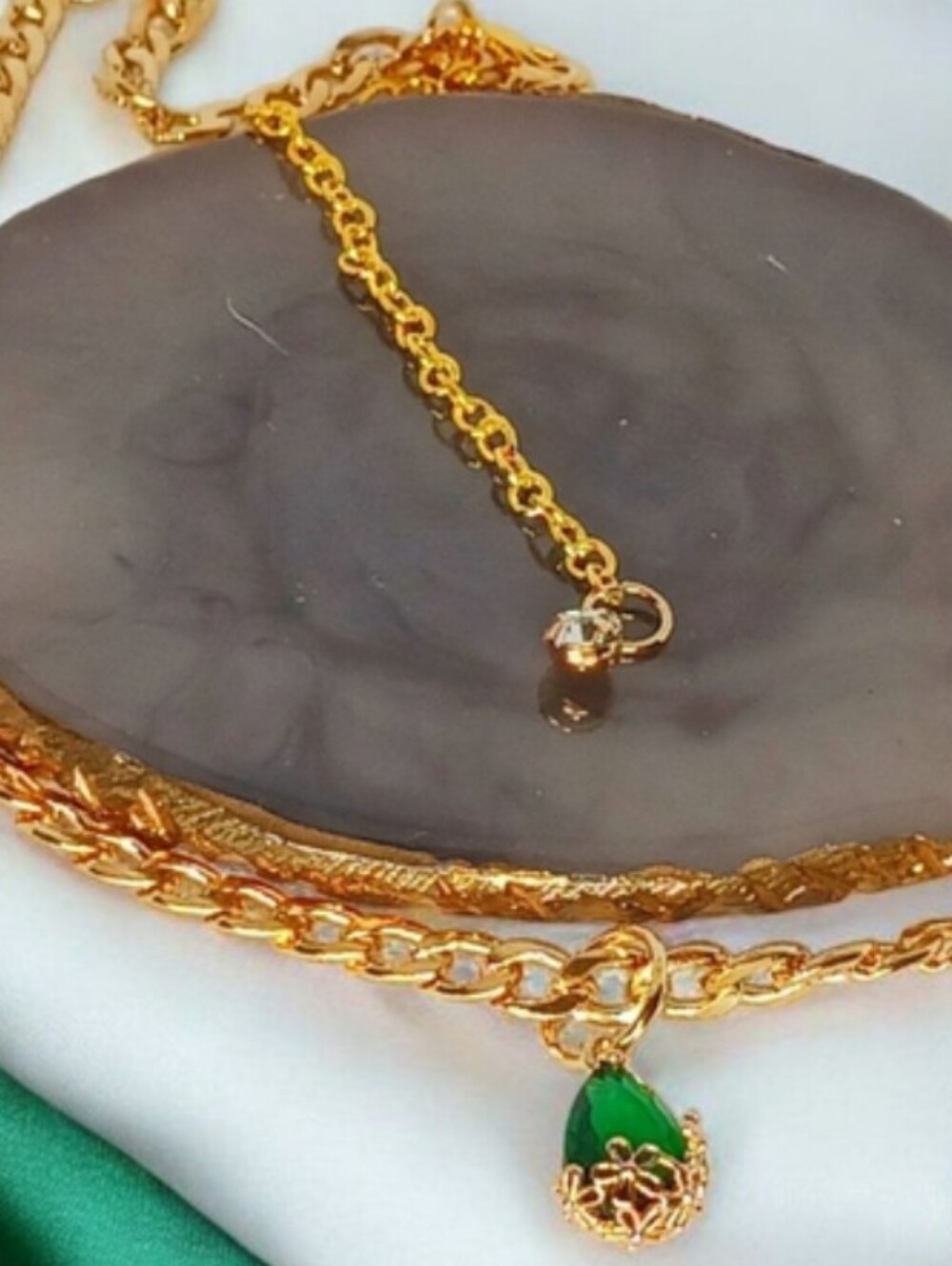 Gold Cuban Chain Green Tear Drop Necklace Countryside Prep Whimsigoth Showgirl